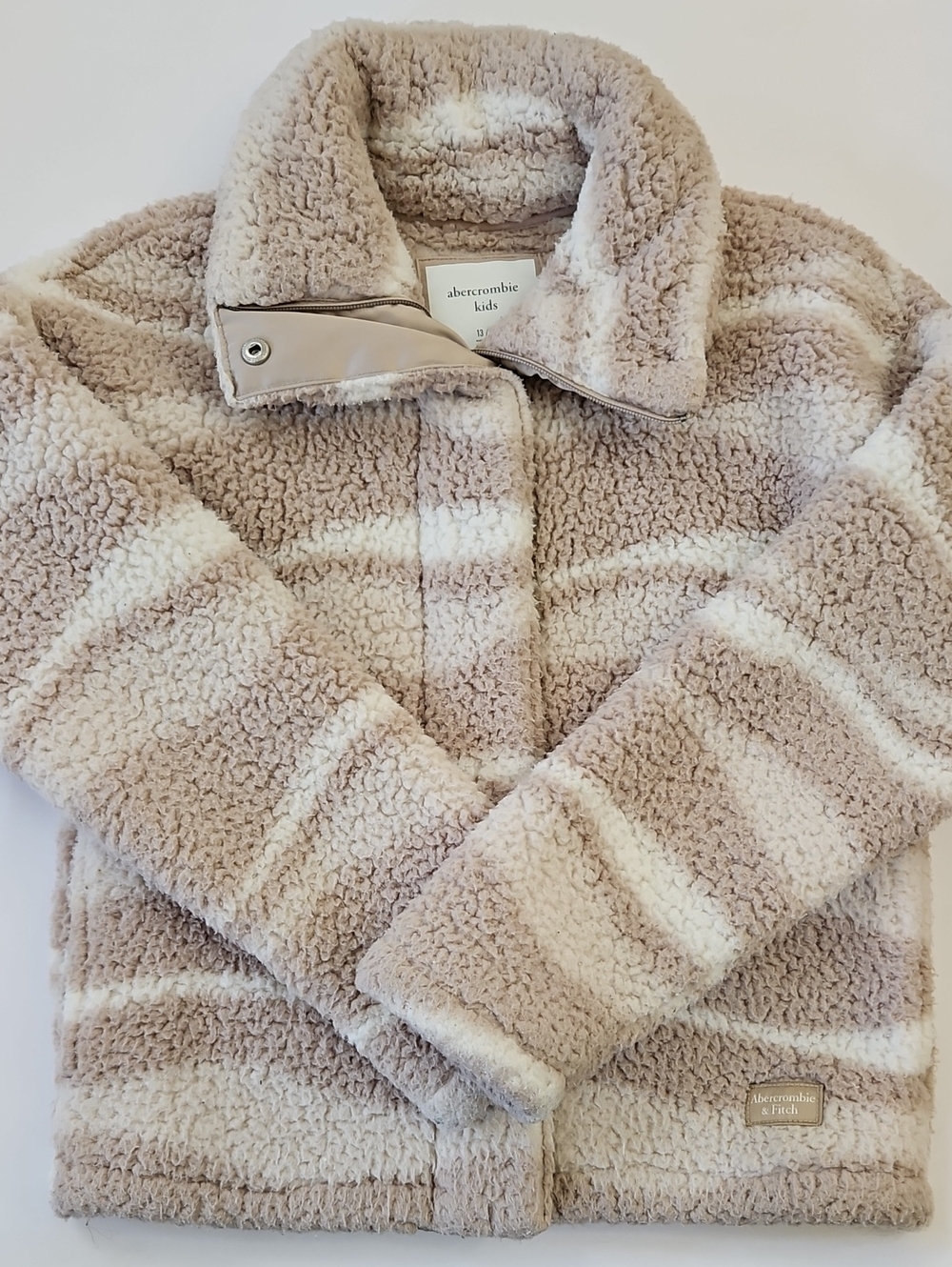 abercrombie kids Beige & White Striped Sherpa Puffer Jacket